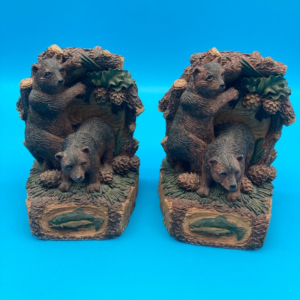 Rustic Bear & Fish Resin Bookends Set - Cabin Lodge Wildlife Decor